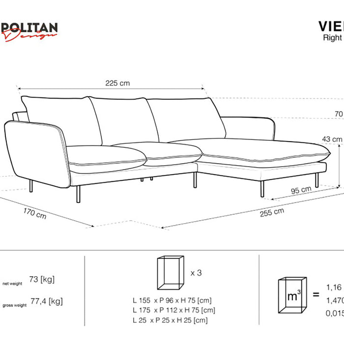 Cosmopolitan Design Vienna Hoekbank met Chaise Longue Rechts - Velvet - Beige