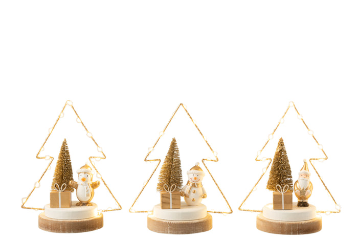 J-Line Kerstboom - hout - wit|goud|naturel - LED lichtjes - 3 stukjes