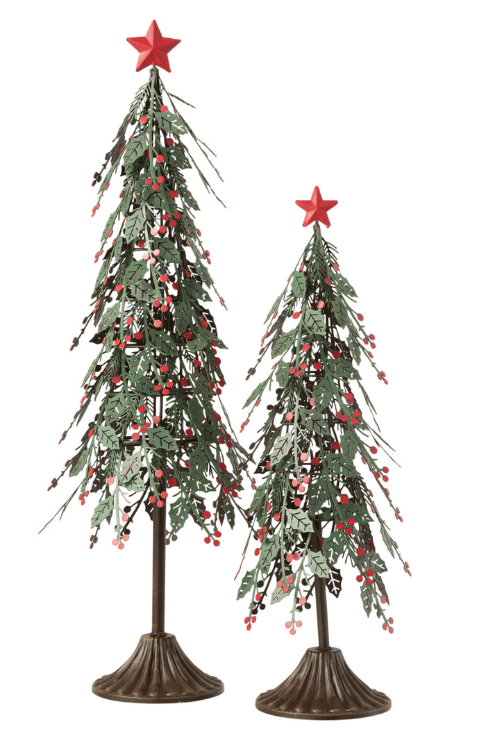 J-Line kerstboom op voet met blaadjes - metaal - groen|rood - large