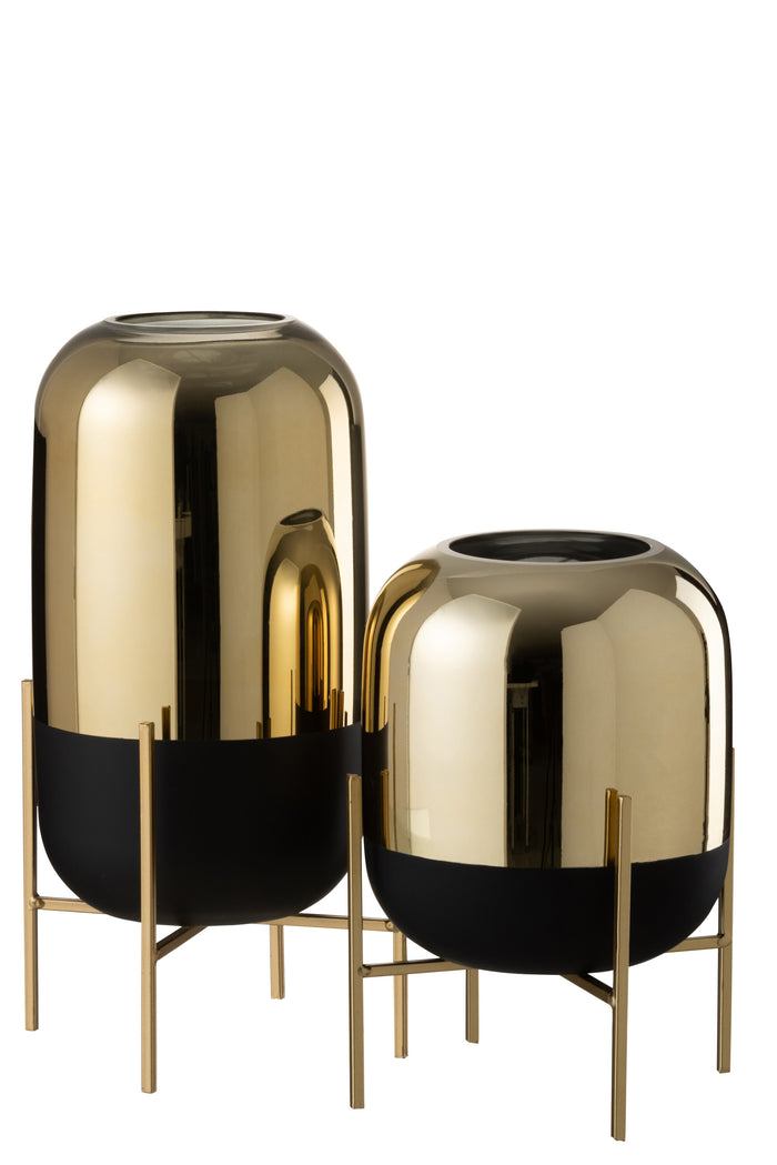 J-Line windlicht Op Voet - kaarshouder - glas - zwart|goud - large