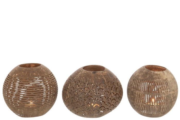 J-Line theelichthouder Kokosnoot Lijnen - jute - bruin - 3 stuks