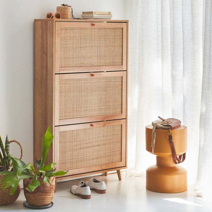 sweeek - Schoenenkast, 3 rieten lades, B 75 x D 26 x H 131cm