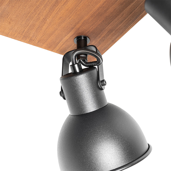 QAZQA Industriële spot zwart met hout kantelbaar 4-lichts - Tommy