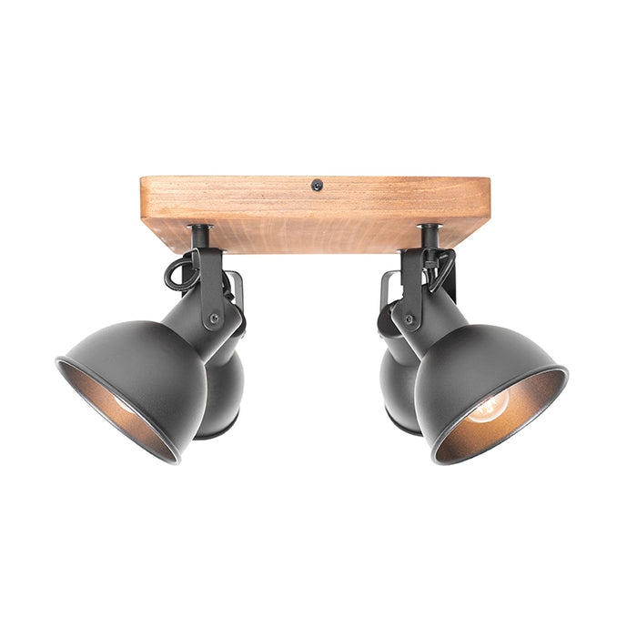 QAZQA Industriële spot zwart met hout kantelbaar 4-lichts - Tommy