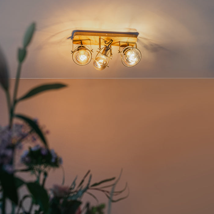 QAZQA Industriële spot donkergrijs met hout verstelbaar 3-lichts -