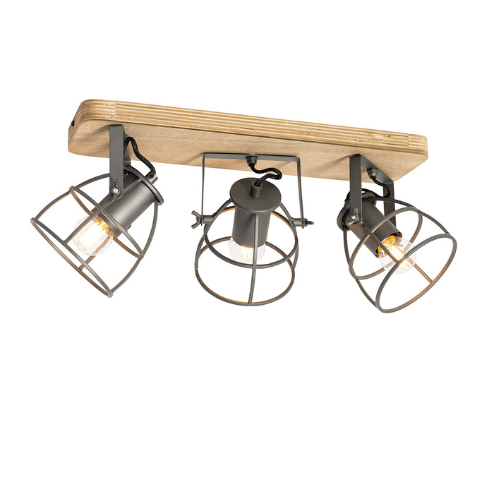 QAZQA Industriële spot donkergrijs met hout verstelbaar 3-lichts -
