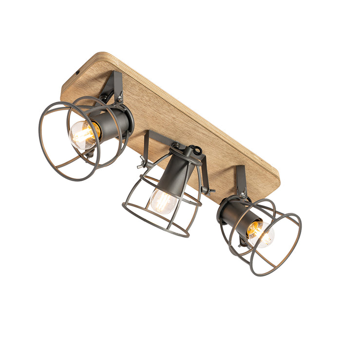QAZQA Industriële spot donkergrijs met hout verstelbaar 3-lichts -