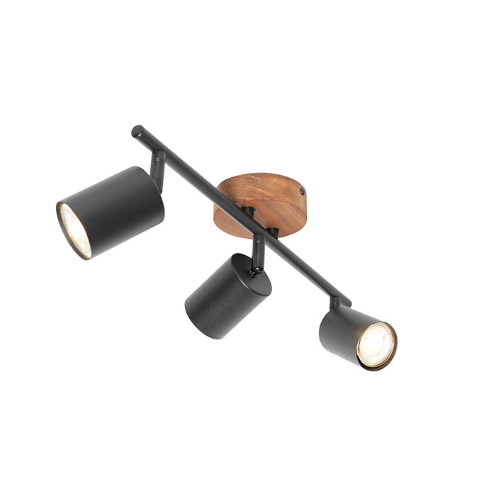 QAZQA Industriële spot zwart met hout kantelbaar 3-lichts - Jeana