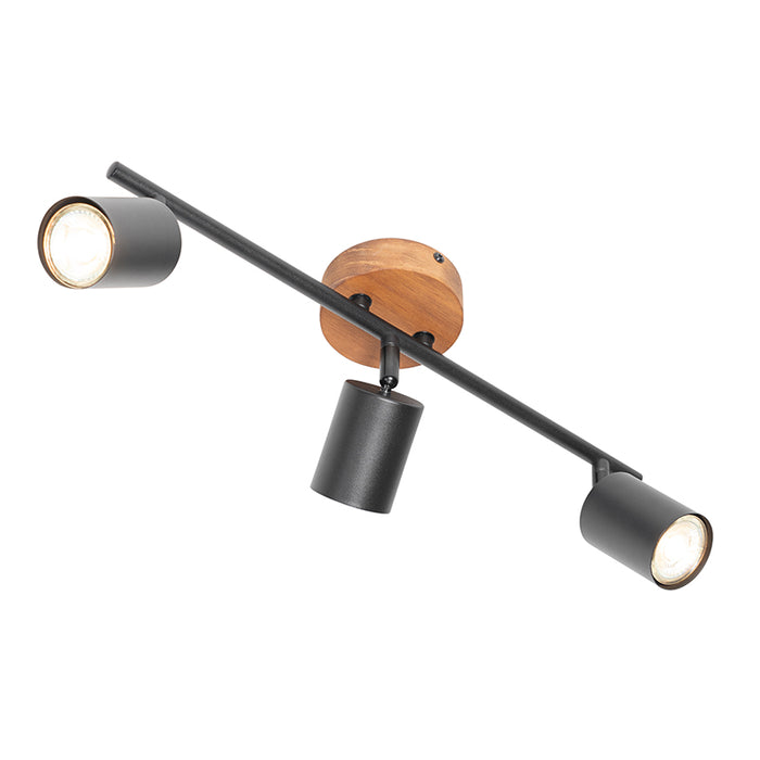 QAZQA Industriële spot zwart met hout kantelbaar 3-lichts - Jeana