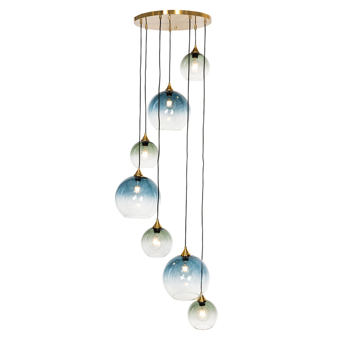 QAZQA Art Deco Hanglamp messing met blauw glas rond 7-lichts - Sandra