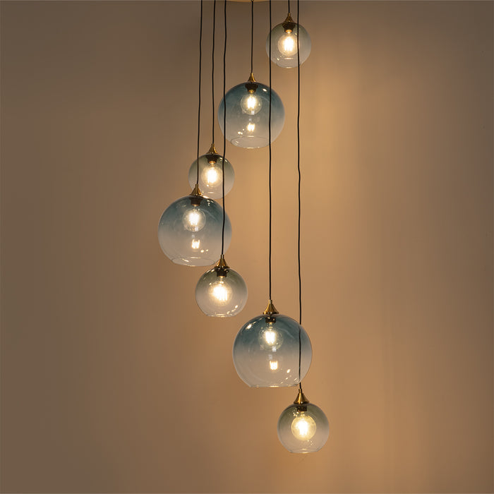 QAZQA Art Deco Hanglamp messing met blauw glas rond 7-lichts - Sandra