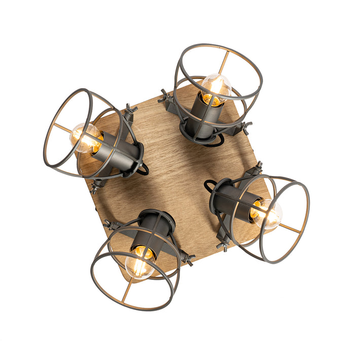 QAZQA Industriële spot hout met donkergrijs verstelbaar 4-lichts -