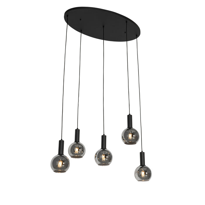 QAZQA Art Deco hanglamp zwart met smoke glas ovaal 5-lichts - Josje