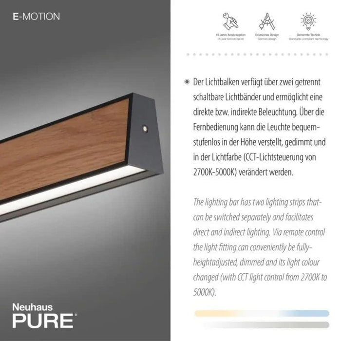 Neuhaus PURE® Hanglamp PURE E-MOTION Black - Wood e-LIFT 120cm incl.
