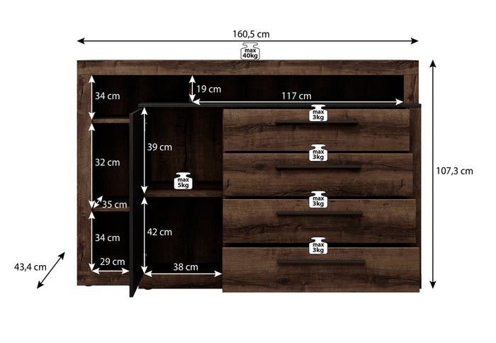 Meubella Dressoir Borna - Donker eiken - Grijs eiken - 161 cm