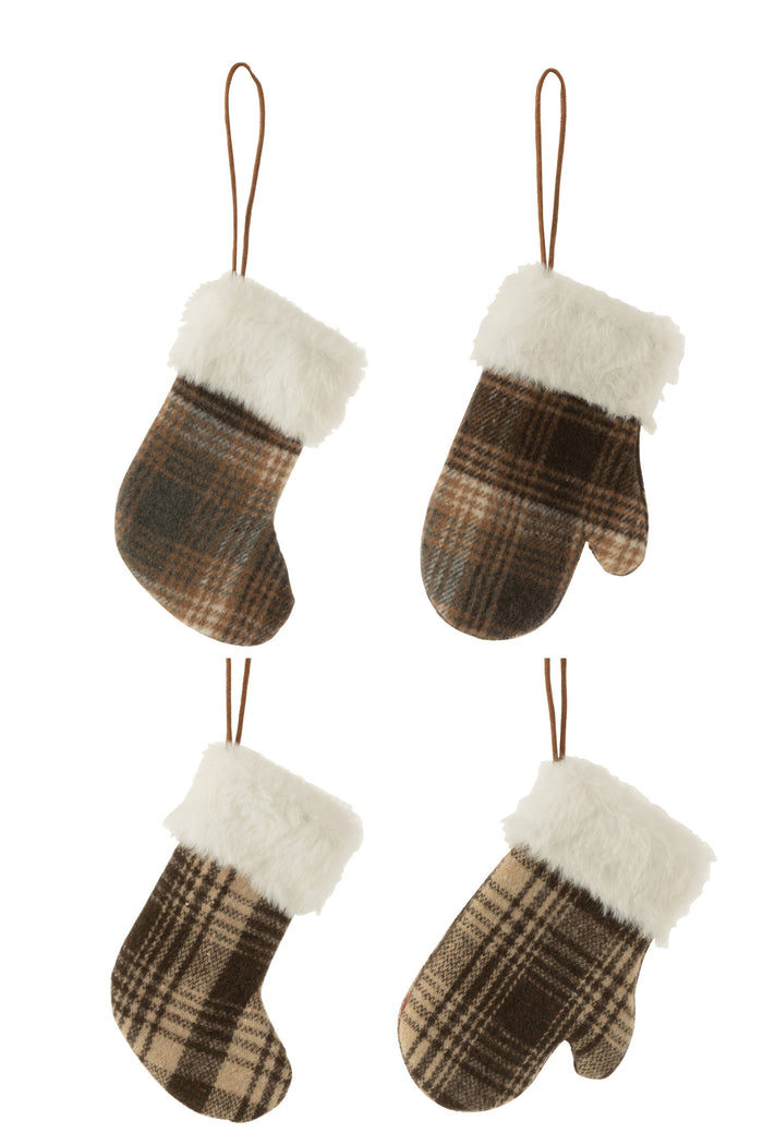 J-Line kersthanger Handschoen|Sok|Muts Geruit - textiel - bruin|beige - 4 stuks