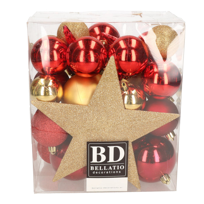 Bellatio Decorations kerstballen - 34-dlg - goud|rood - kunststof
