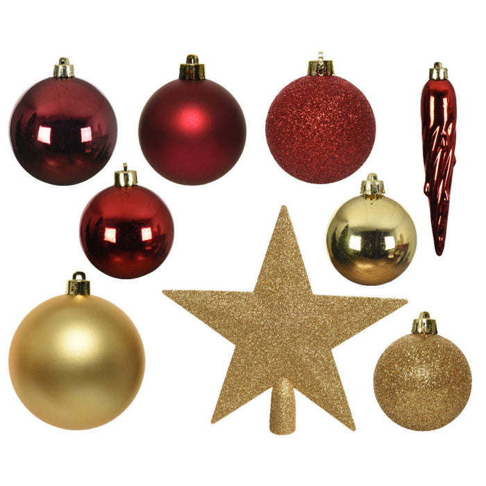 Bellatio Decorations kerstballen - 34-dlg - goud|rood - kunststof