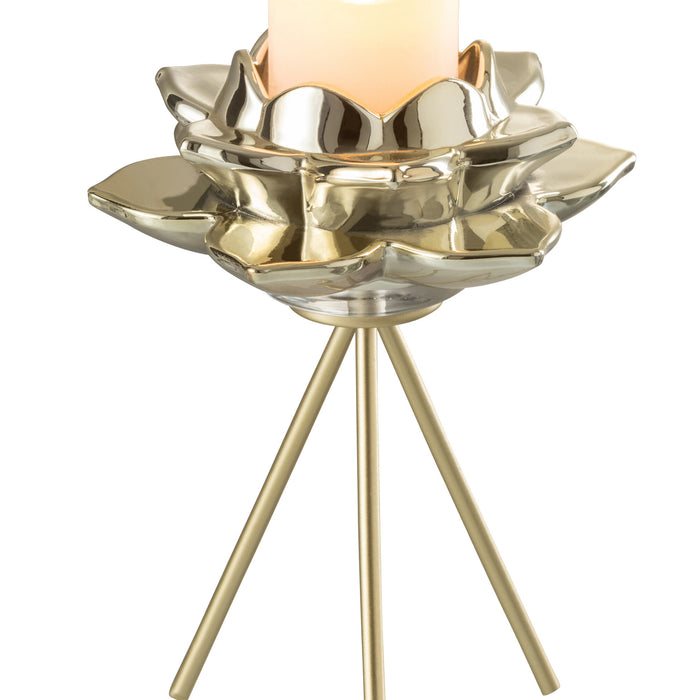 J-Line theelichthouder op voet Bloem - glas - goud - large