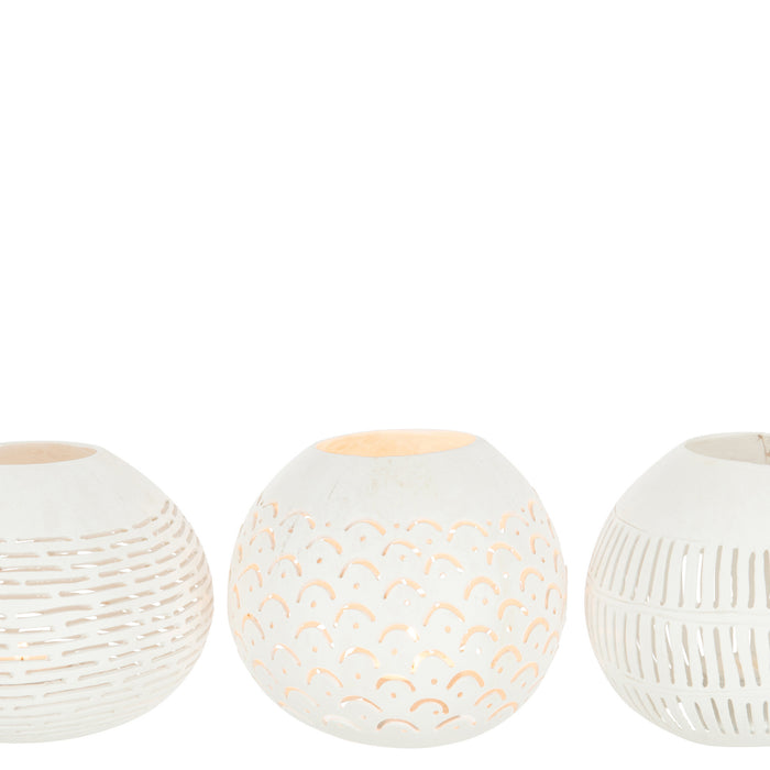 J-Line theelichthouder Kokosnoot Lijnen - jute - wit - 3 stuks