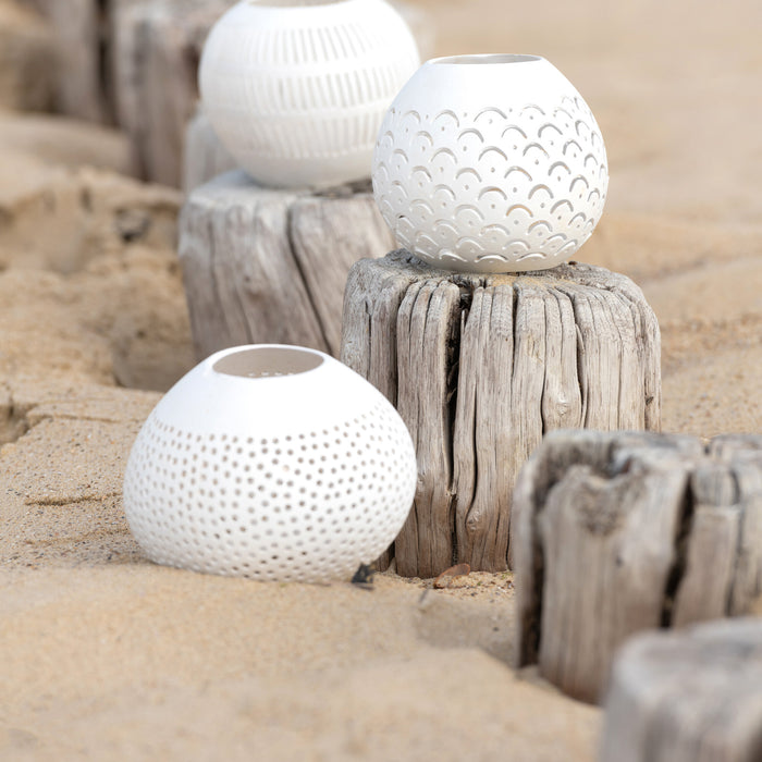 J-Line theelichthouder Kokosnoot Lijnen - jute - wit - 3 stuks