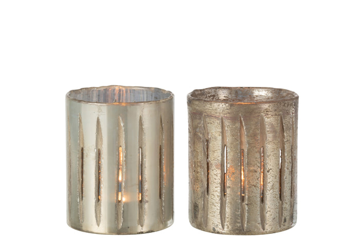 J-Line windlicht Streep - glas - blauw - medium - 2 stuks