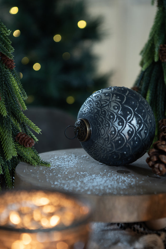 Clayre & Eef Kerstbal Ø 10x10 cm Zwart Grijs Glas Kerstboomversiering