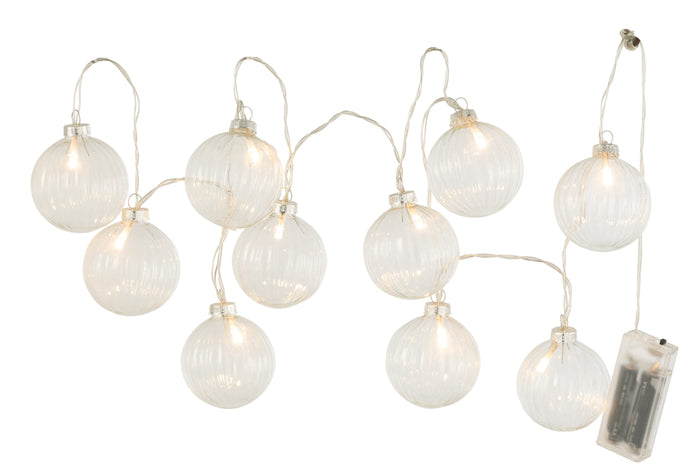 J-Line slinger 10 Ballen Geribbeld - glas - transparent - LED lichtjes