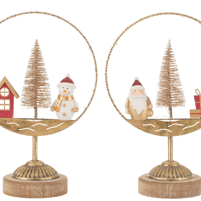 J-Line decoratie Cirkel Kestman|Sneeuwman - goud|roest - 2 stuks - LED