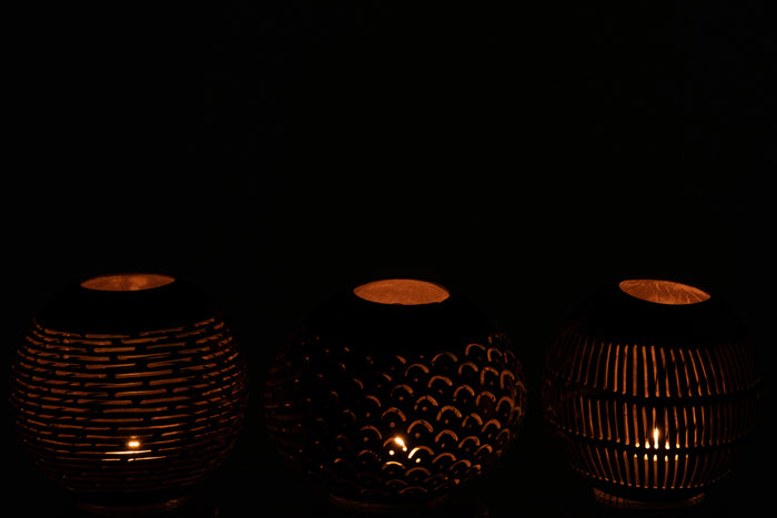 J-Line theelichthouder Kokosnoot Lijnen - jute - bruin - 3 stuks