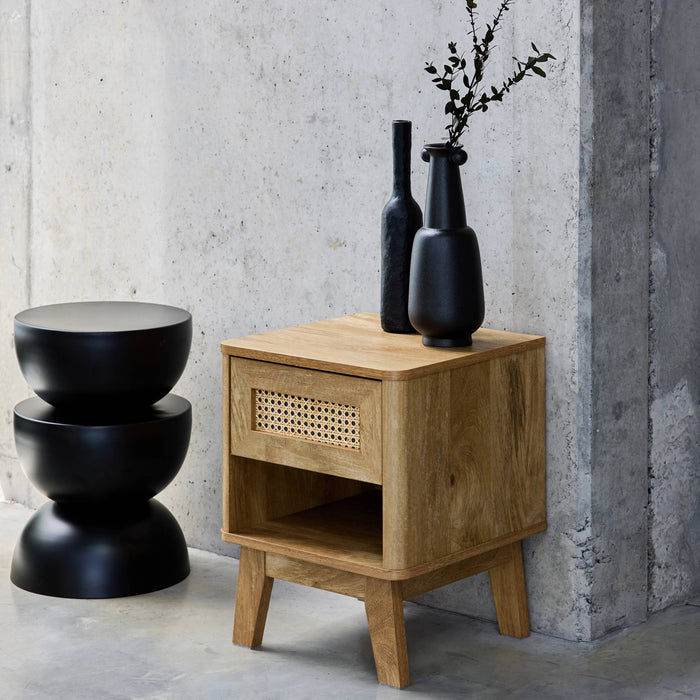 sweeek - Nachtkastje met lade en vak, houtdecor en rieteffect