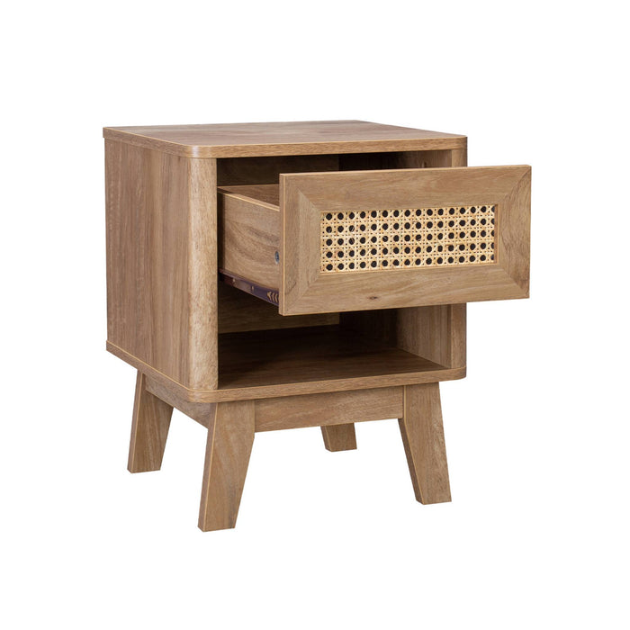 sweeek - Nachtkastje met lade en vak, houtdecor en rieteffect