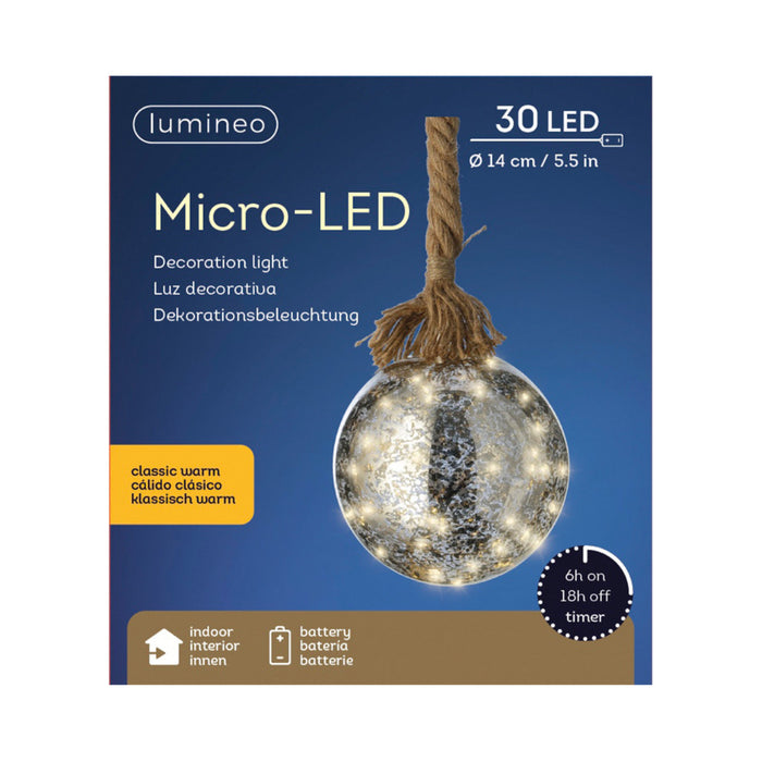 Lumineo Verlichte kerstbal - glas - touw -14 cm - zilver -30 leds