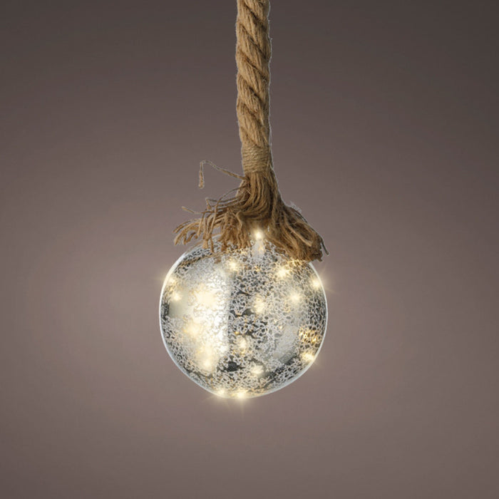 Lumineo Verlichte kerstbal - glas - touw -14 cm - zilver -30 leds