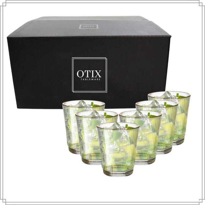 OTIX Waterglazen Set van 6 Stapelbaar 350 ml Met gouden rand Reliëf...