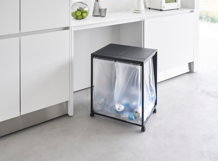 Yamazaki Afvalscheidingsprullenbak met wielen - 2 comp - Tower - Zwart