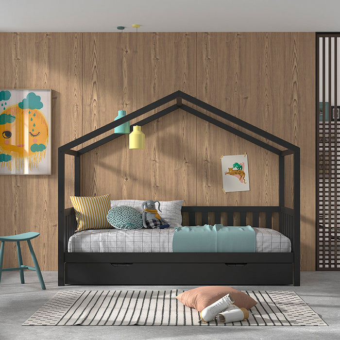 Vipack Dallas Huisbed met Hekje en Bedlade 90 x 200 cm - Antraciet