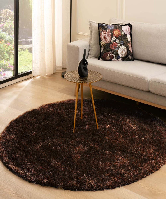 Tapeso Rond hoogpolig vloerkleed velvet - Posh donkerbruin - 120 cm