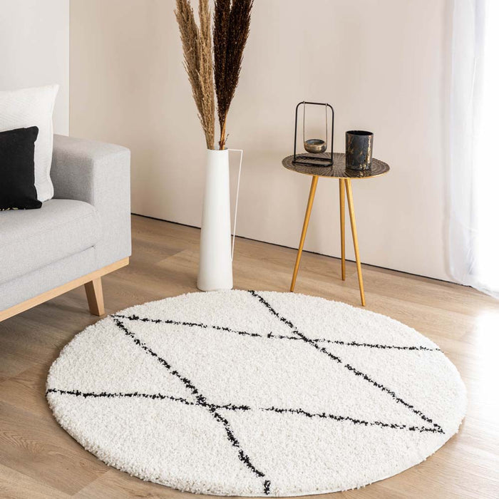 Boho&me Rond hoogpolig vloerkleed ruit Artisan - wit|zwart - 280 cm