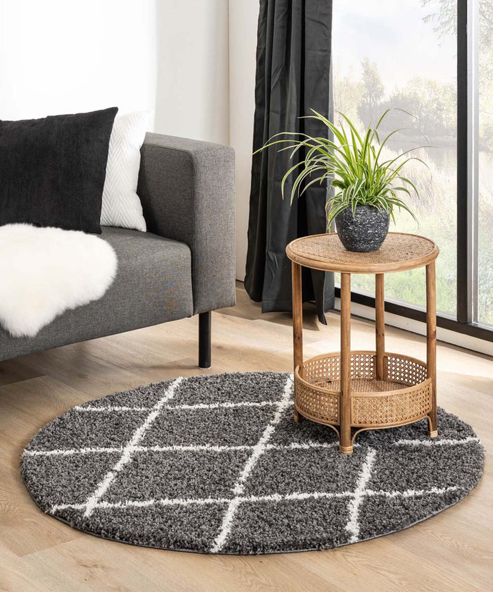 Boho&me Rond hoogpolig vloerkleed ruiten Habitat - grijs|wit - 280 cm
