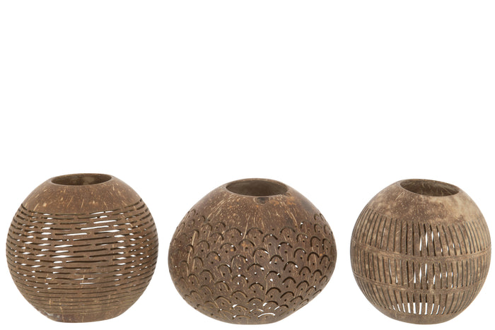J-Line theelichthouder Kokosnoot Lijnen - jute - bruin - 3 stuks