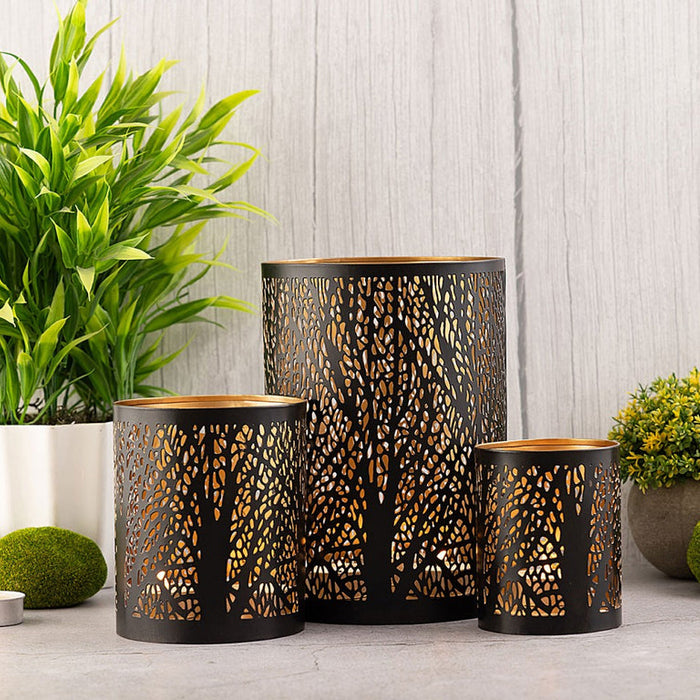 SVJ Windlicht - 14x14x20 cm - Metaal - Zwart - Set van 3