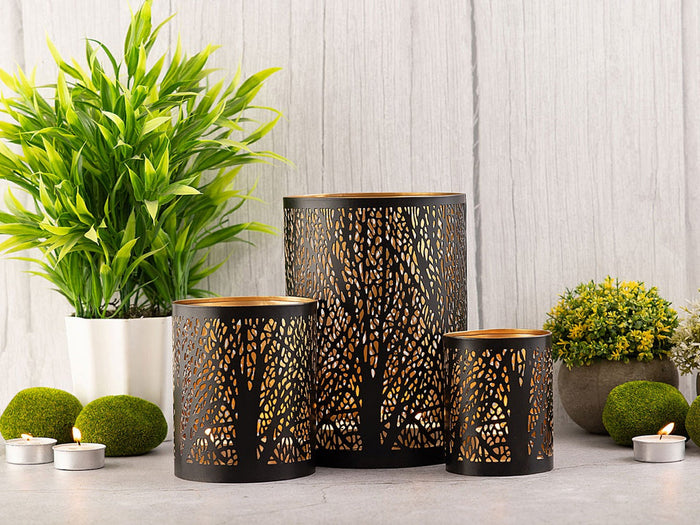 SVJ Windlicht - 14x14x20 cm - Metaal - Zwart - Set van 3