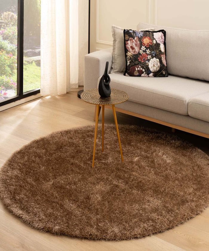 Tapeso Rond hoogpolig vloerkleed velvet - Posh bruin - 160 cm