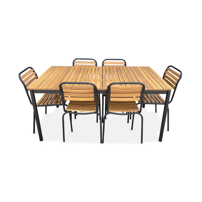 sweeek - Houten en stalen tuintafel, 6 stoelen