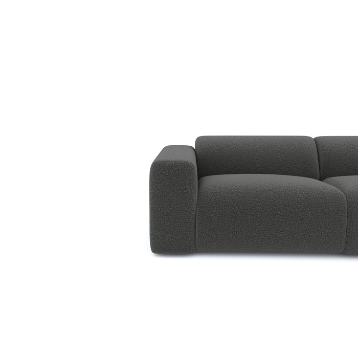 Grote rechthoekige bank in grafietgrijze bouclette stof 280cm