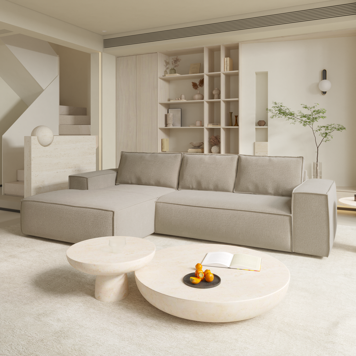 Slaapbank linkerhoek beige fluwelen matras 140cm