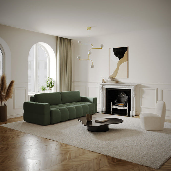 4-zits slaapbank in walnoten kast met olijfgroene geweven stof