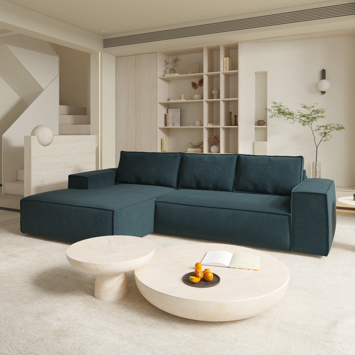 Slaapbank links hoek dunlopillo fluweel blauw patroon 140cm