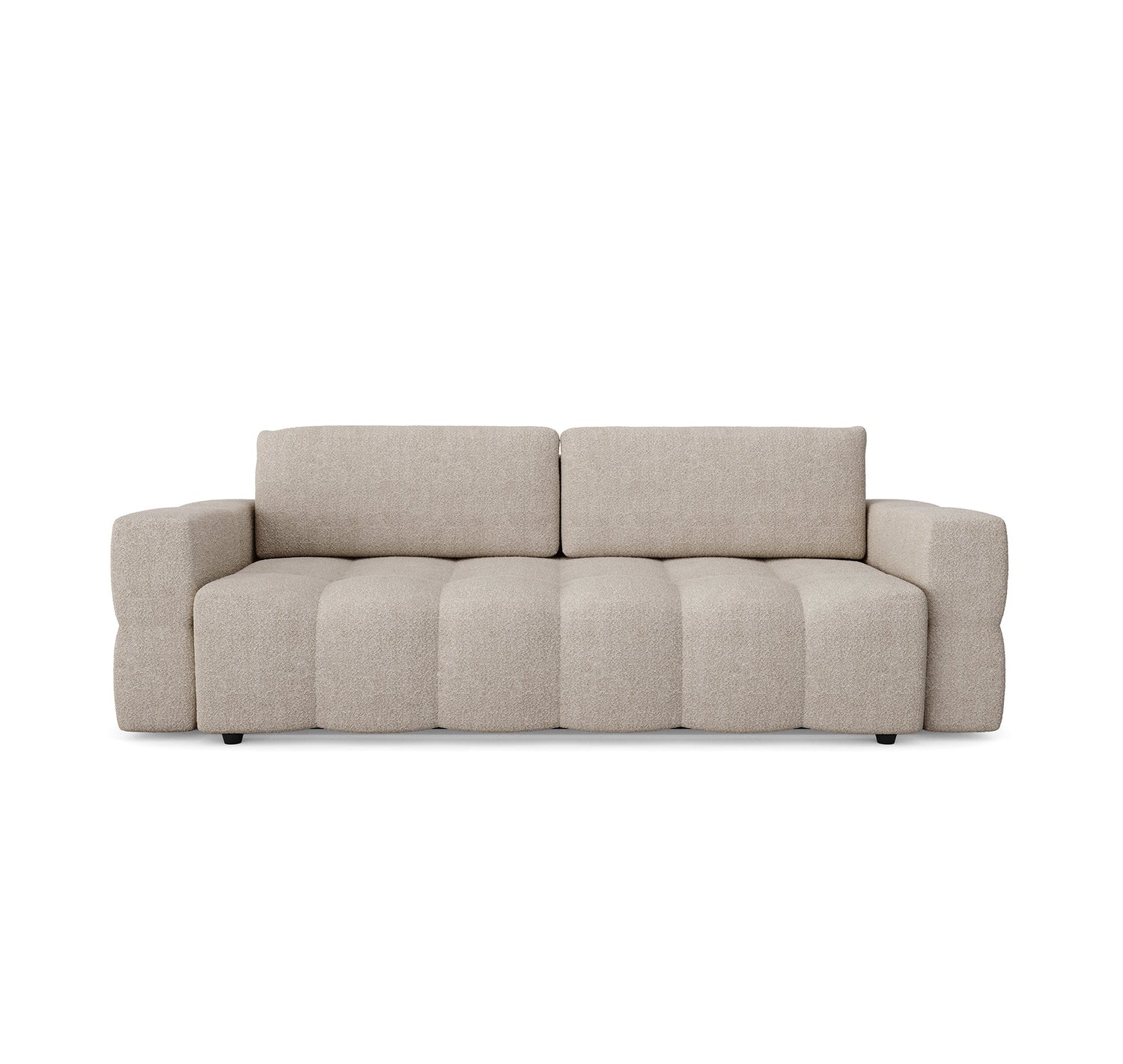 4-zits slaapbank in walnoten kast met beige bouclette stof